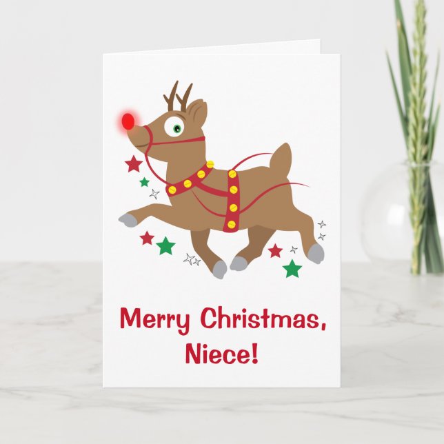 Niece Christmas with Red-Nosed Reindeer Holiday Card (Front)