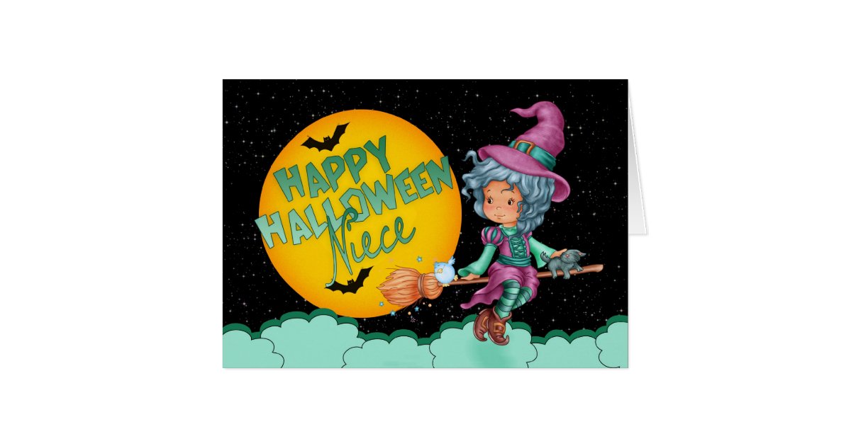 niece halloween card with cute witch on broom | Zazzle