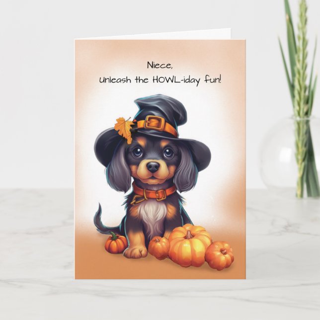 Niece Halloween Cute Black Dog Wearing Hat Pumpkin Card (Front)