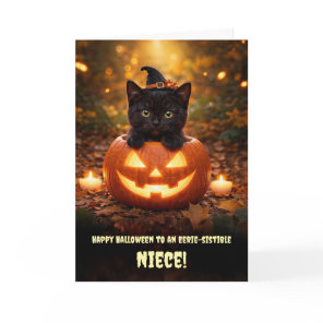 Niece Halloween Little Black Cat Kitten Pumpkin Card