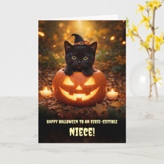 Niece Halloween Little Black Cat Kitten Pumpkin Card