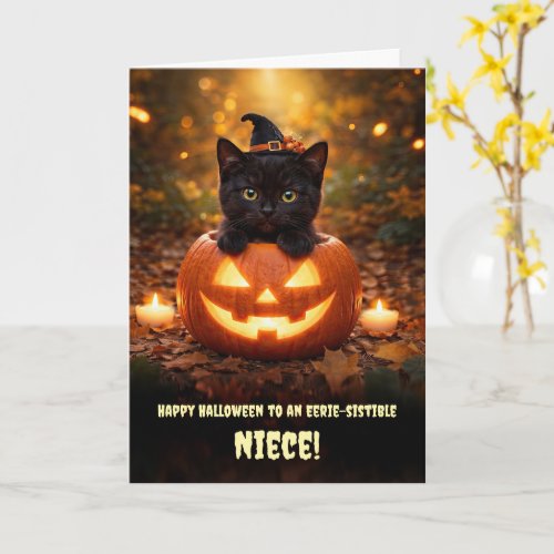 Niece Halloween Little Black Cat Kitten Pumpkin Card