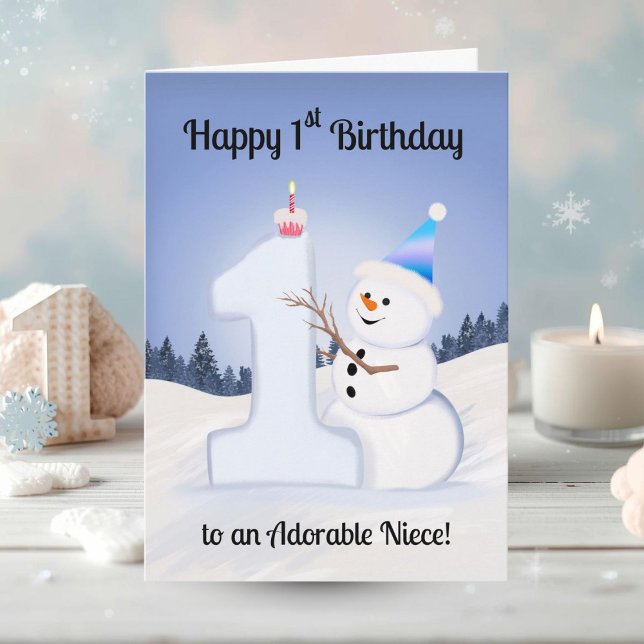 Niece Happy 1st Birthday Snowman Building Card (Creator Uploaded)