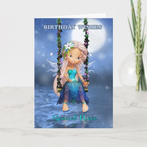 Niece Happy Birthday cute fairy on a floral swing Card