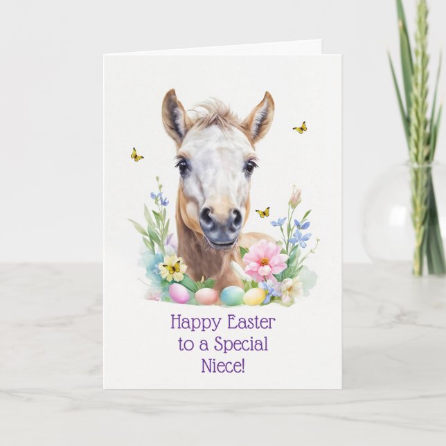 Niece Happy Easter with Cute Horse Foal Eggs Holiday Card (Front)