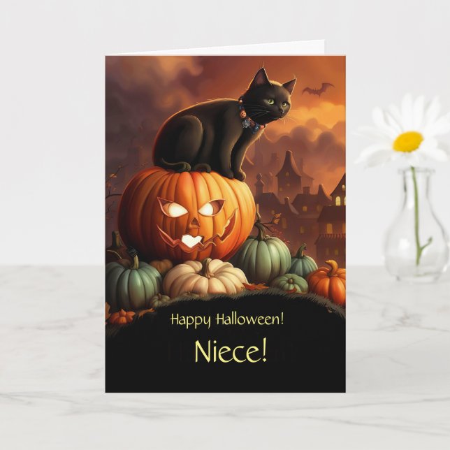 Niece Happy Halloween Cute Black Cat and Pumpkins  Card (Small Plant)