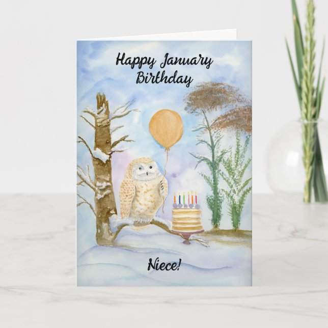 Niece Happy January Birthday Owl Cake Card (Front)