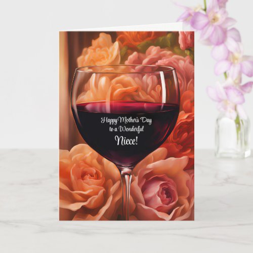 Niece Happy Mothers Day Flowers and Wine Humorous Card