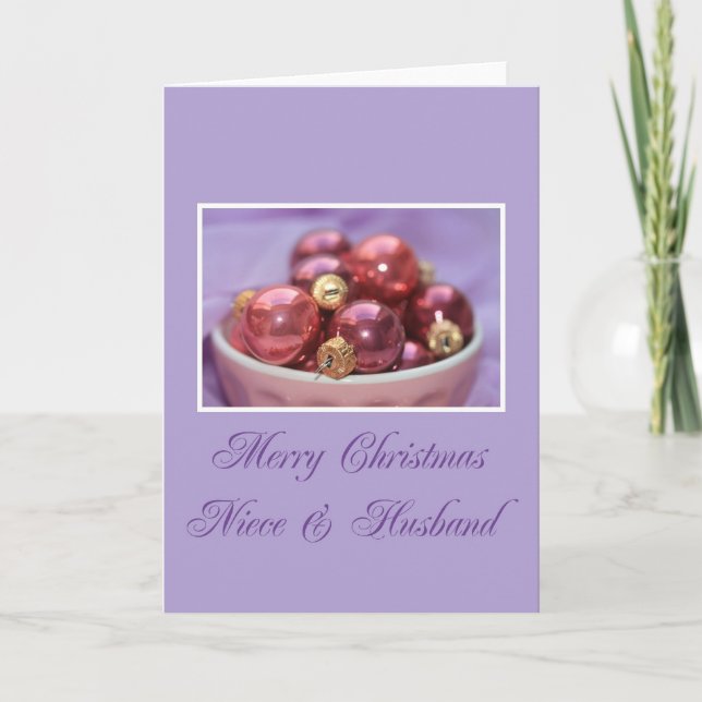 Niece & Husband merry christmas lila &  pink ornam Holiday Card (Front)