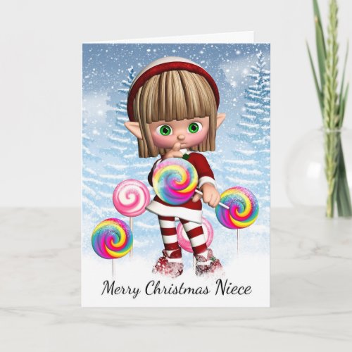 Niece Little Elf With Candy Pops And Snow Holiday Card
