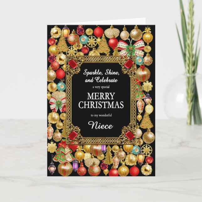 Niece Merry Christmas with Ornaments Holiday Card (Front)