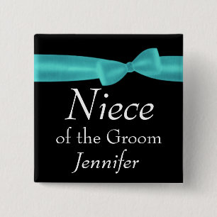 NIECE of GROOM Aqua Bow Wedding Custom Name Y128 Button