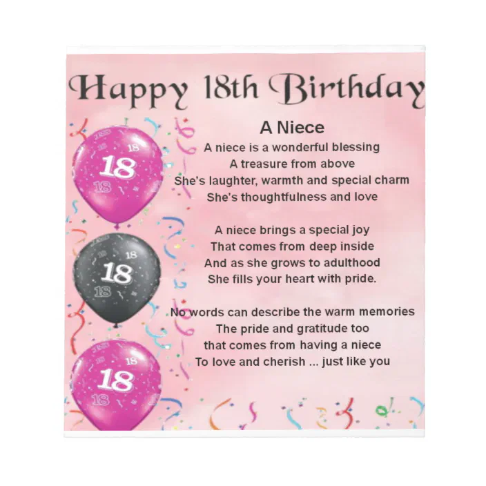 Birthday Poem For Niece Niece Poem - 18Th Birthday Notepad | Zazzle.com