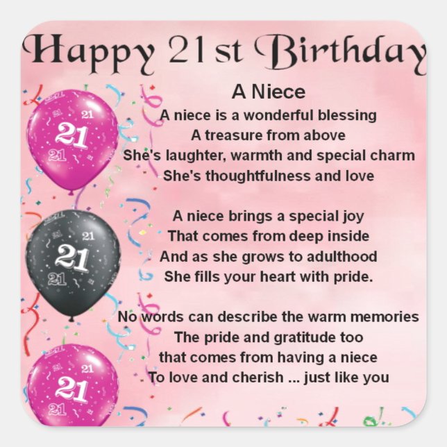Niece Poem - 21st Birthday Square Sticker (Front)