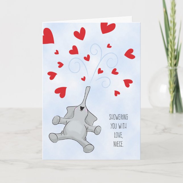 Niece Valentine's Day Elephant & Hearts Holiday Card (Front)