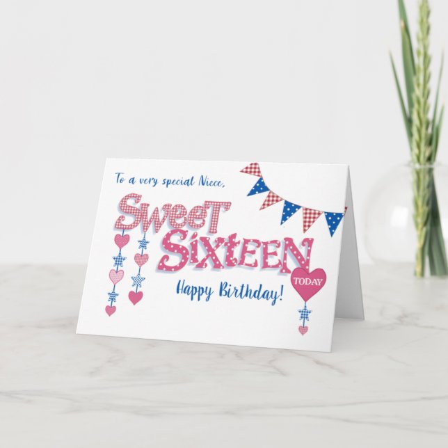 Niece's 16th Birthday Hearts Stars Word Art Card (Front)