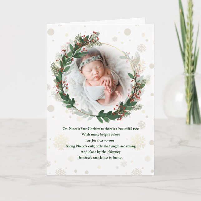 Niece's Photo and Name 1st Christmas Holiday Card (Front)