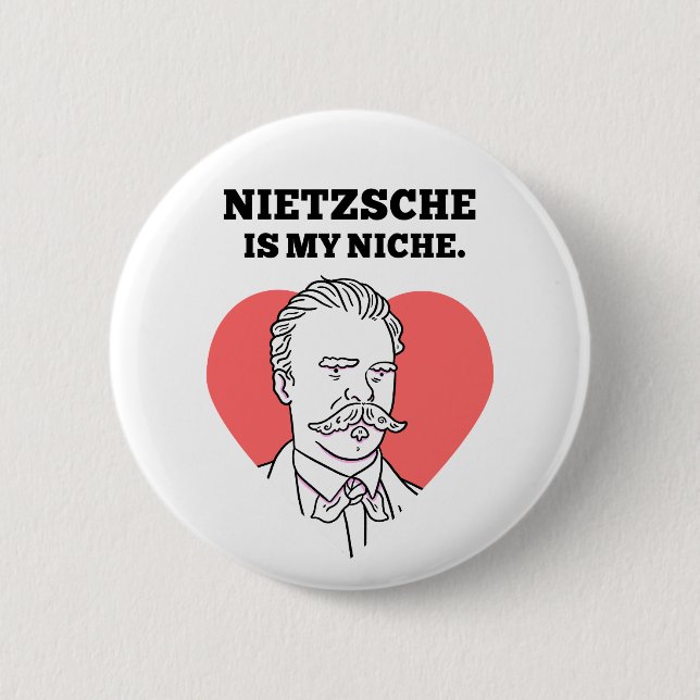 Nietzsche Is My Niche Philosophy Pun Button Pin (Front)