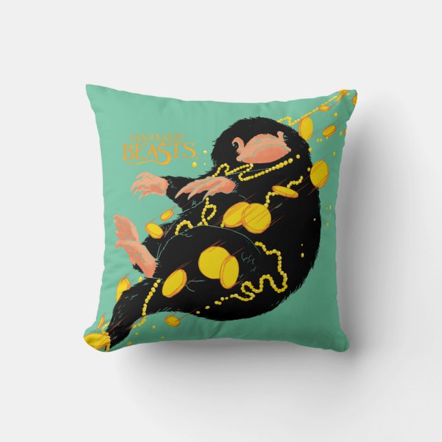 Niffler Floating With Gold Throw Pillow (Front)