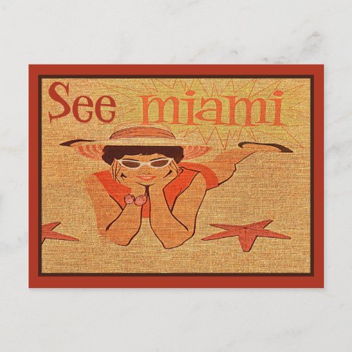Nifty 50s See Miami Pretty Sunbathing Lady Travel Postcard