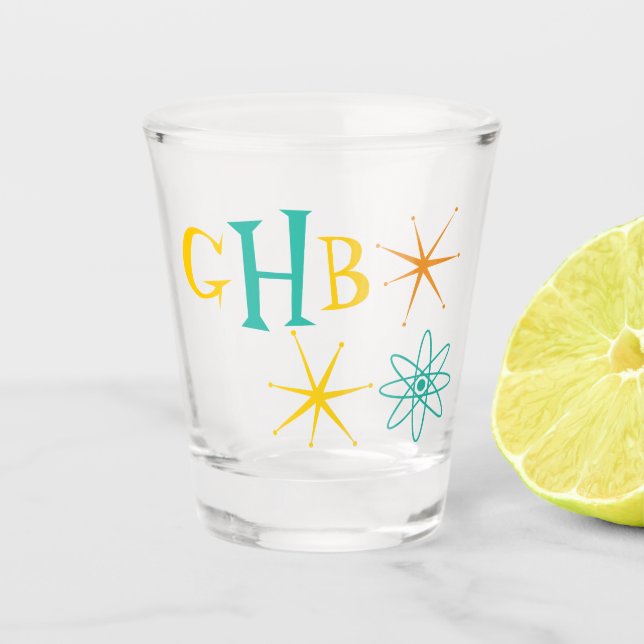 Nifty Fifties Atom and Stars Monogram Shot Glass (Front)