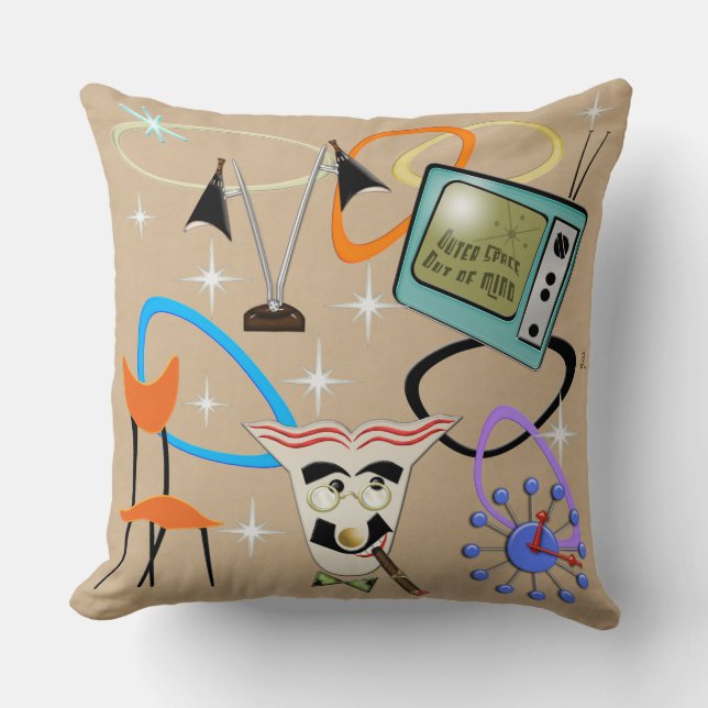 Nifty Fifties Iconic images on Sand Background Throw Pillow (Front)