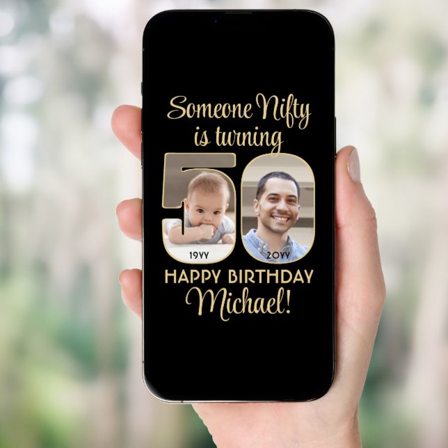 Nifty Fifty Black & Gold 50th Birthday Party Photo Invitation (Front Digital)