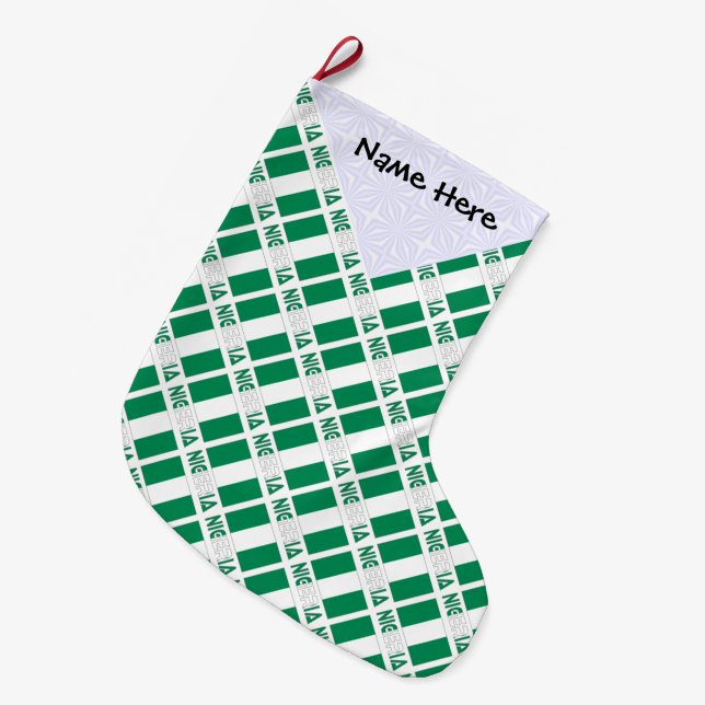 Nigeria Nigerian Flag Tiled Black Personalization  Large Christmas Stocking (Front (Hanging))