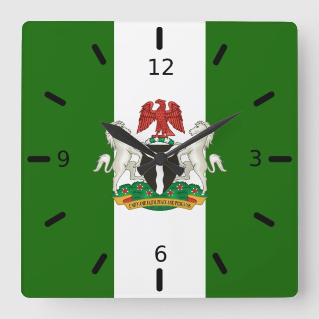 Nigerian flag-coat of arms     square wall clock (Front)