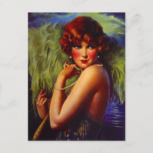 Night At The Beach Flapper Girl  Plumes Postcard