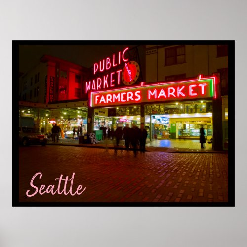 Night at the Seattle Public Market Poster