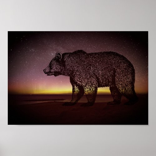 Night Bear And Aurora Borealis Poster