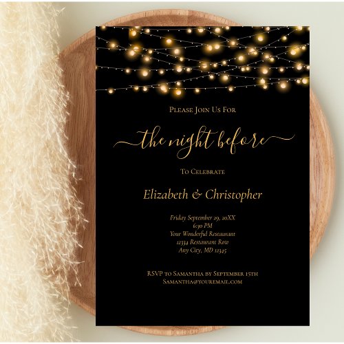 Night Before Black Gold Lights Rehearsal Dinner Invitation