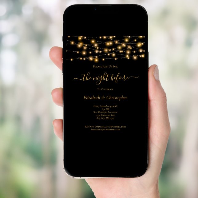 Night Before Black Gold Lights Rehearsal Dinner Invitation (Front Digital)