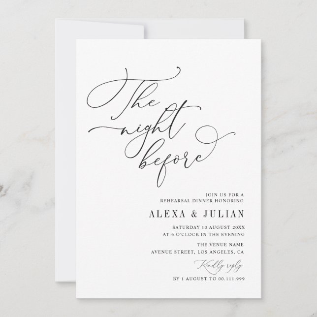 night before black lettering rehearsal dinner invitation (Front)