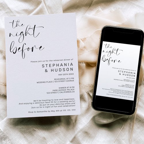 Night before black white wedding rehearsal dinner invitation