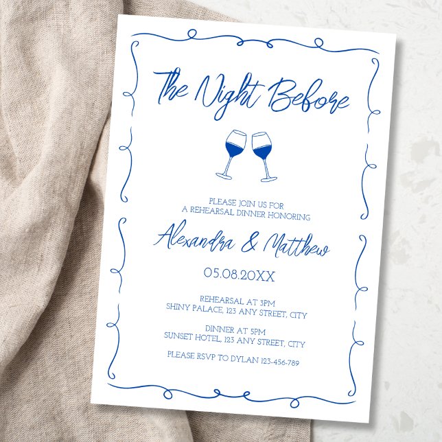 Night Before Blue Hand Drawn Rehearsal Dinner Invitation (Night Before Blue Hand Drawn Rehearsal Dinner Invitation)