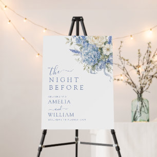 Night before dusty blue hydrangea wedding sign