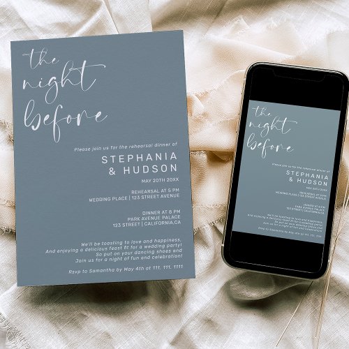 Night before dusty blue wedding rehearsal dinner invitation