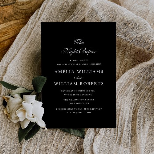 night before elegant black rehearsal dinner invitation