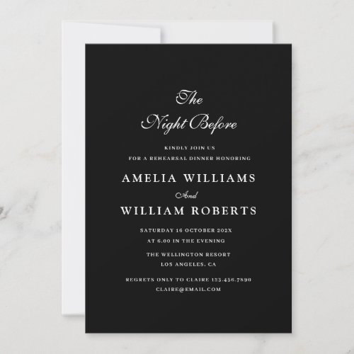 night before elegant black rehearsal dinner invitation