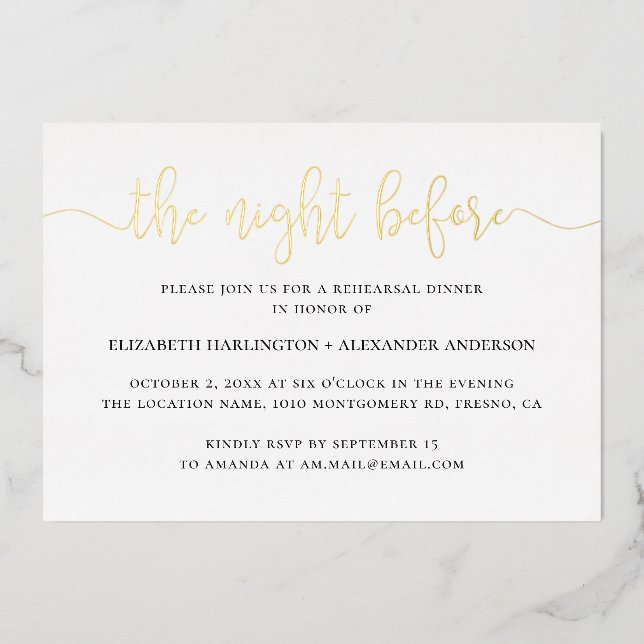 Night before. Elegant gold script rehearsal dinner Foil Invitation (Front)