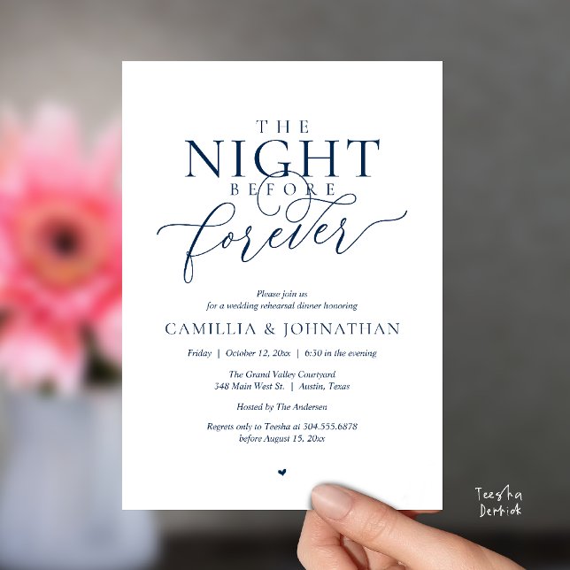 “Night Before Forever” Romantic Rehearsal Dinner Invitation (“Night Before Forever” Modern Romantic Rehearsal Dinner Invitation Card in navy blue)