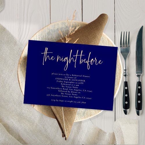 Night Before Gold Navy Blue Rehearsal Dinner Invitation