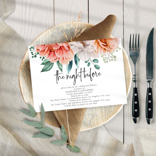 Night Before Peach Peonies Script Rehearsal Dinner Invitation