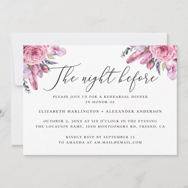 Night before. Pink boho floral rehearsal dinner  Invitation (Front)