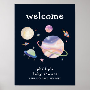 Night Black Galaxy Space Boy Baby Shower Welcome  Poster