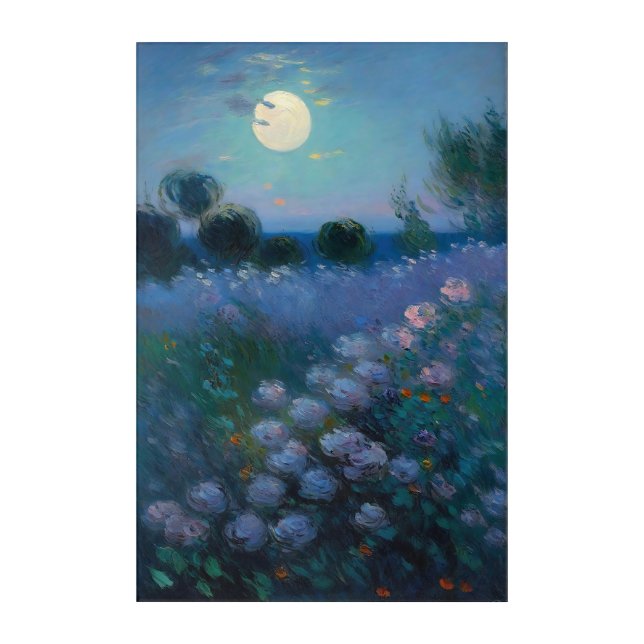 Night bloom wildflowers full moon painting acrylic print (Front)