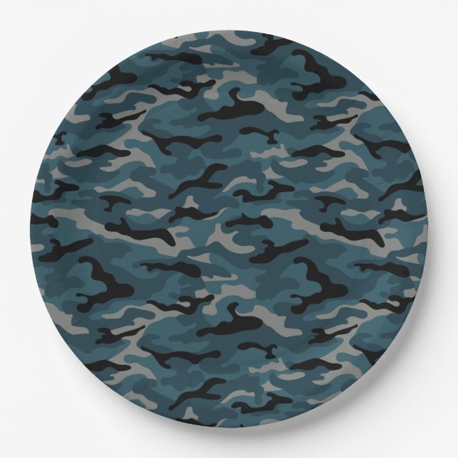 Night Blue Camo Camouflage Paper Plates (Front)
