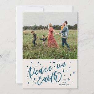 Night Blue Peace on Earth Lettering Photo Holiday Card